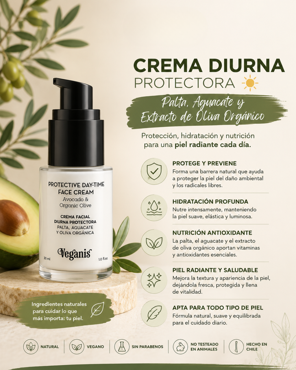 Crema Facial Diurna Protectora Palta y Extracto de Oliva 30 ml Orgánico Veganis