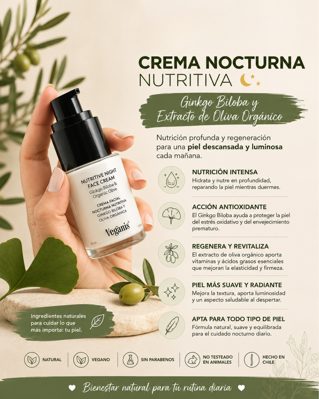 Crema Facial Nocturna Nutritiva Ginkgo Biloba y Extracto de Oliva Orgánico 30 ml Veganis