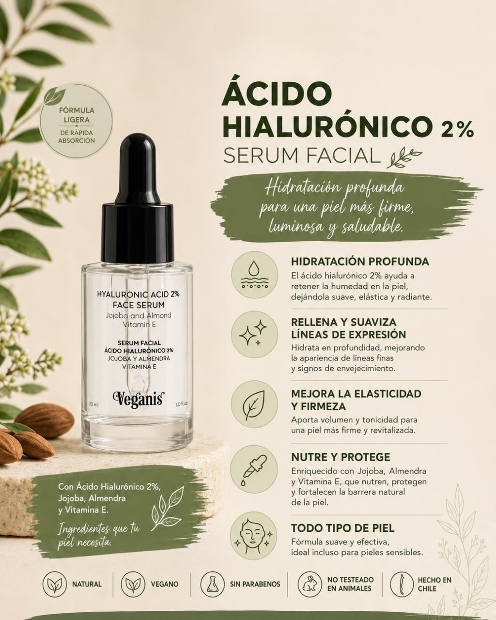 Serum Facial Ácido Hialurónico 2% Vitamina E 30 ml Veganis