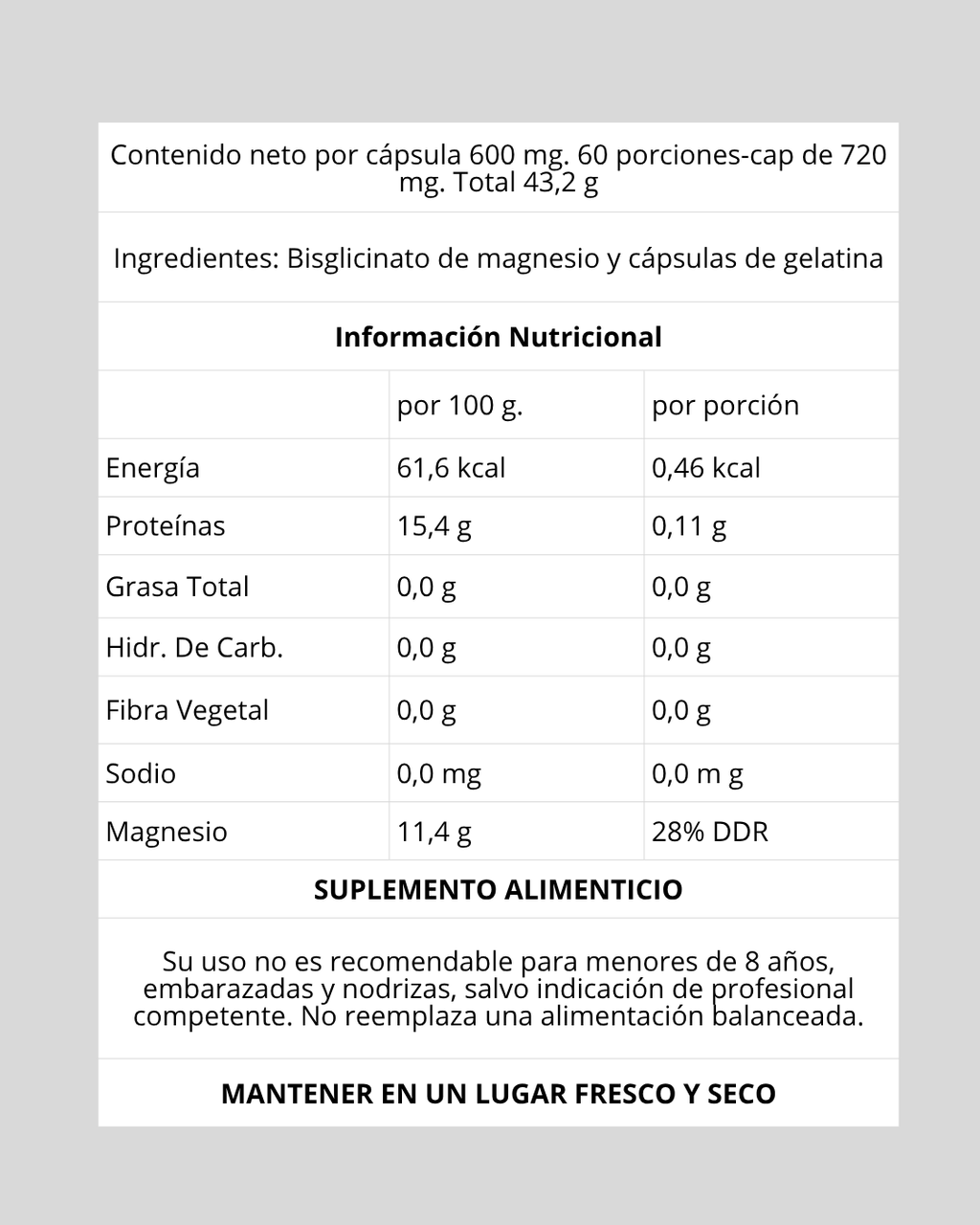 Bisglicinato de Magnesio Villnat 600 mg 60 Cápsulas