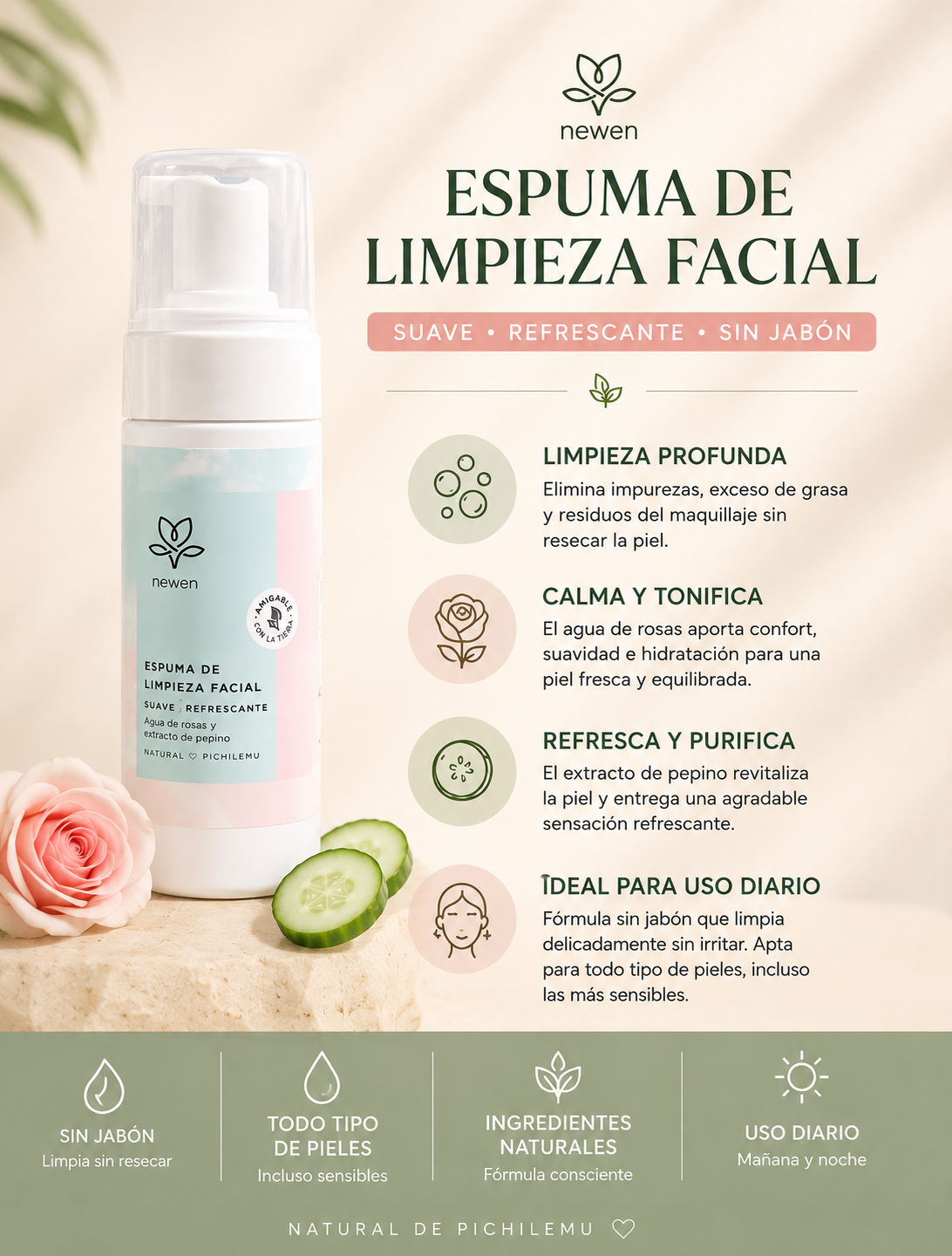 Espuma de Limpieza Facial Rosa Mosqueta y Pepino 120 ml Newen