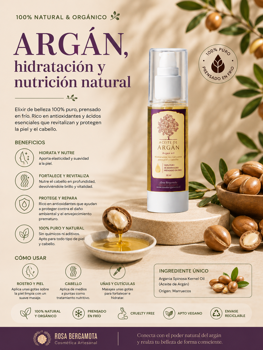 Aceite de Argán 100% Puro 50 ml- Rosa Bergamota