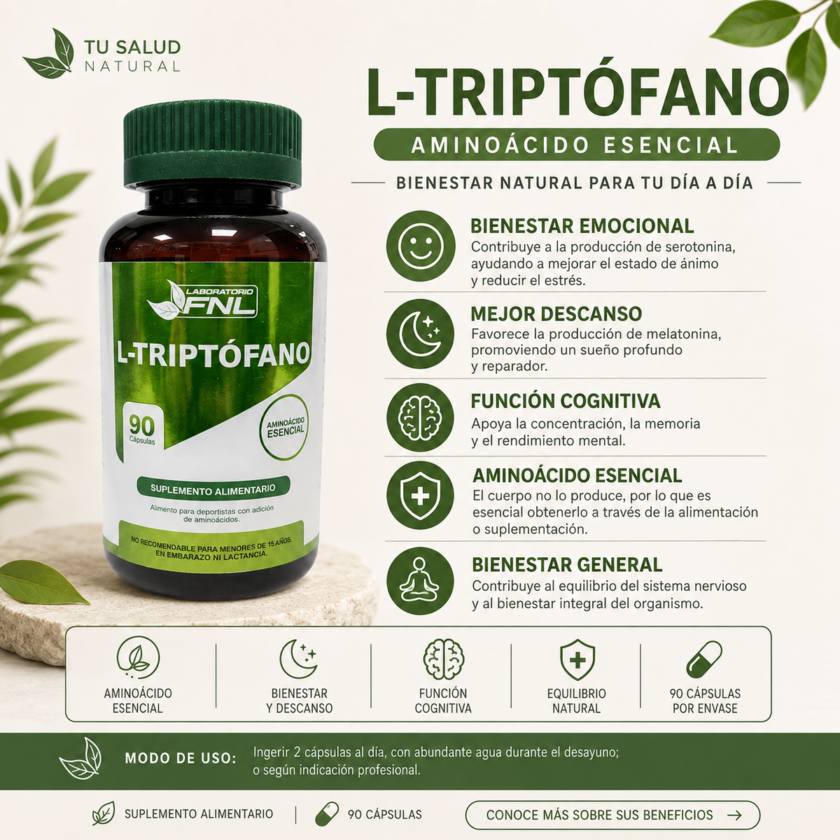 L-Triptófano FNL 500 mg + Magnesio | 90 Cápsulas
