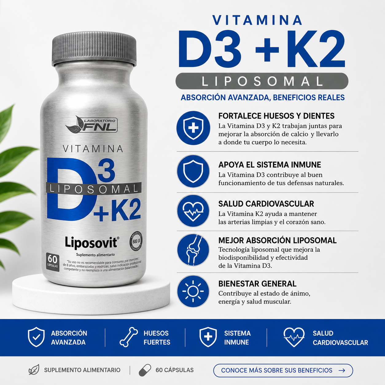 Vitamina D3 + K2 Liposomal FNL 60 Cápsulas