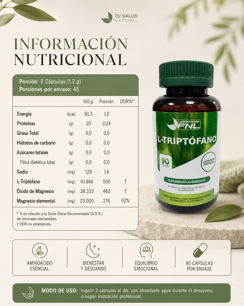 L-Triptófano FNL 500 mg + Magnesio | 90 Cápsulas