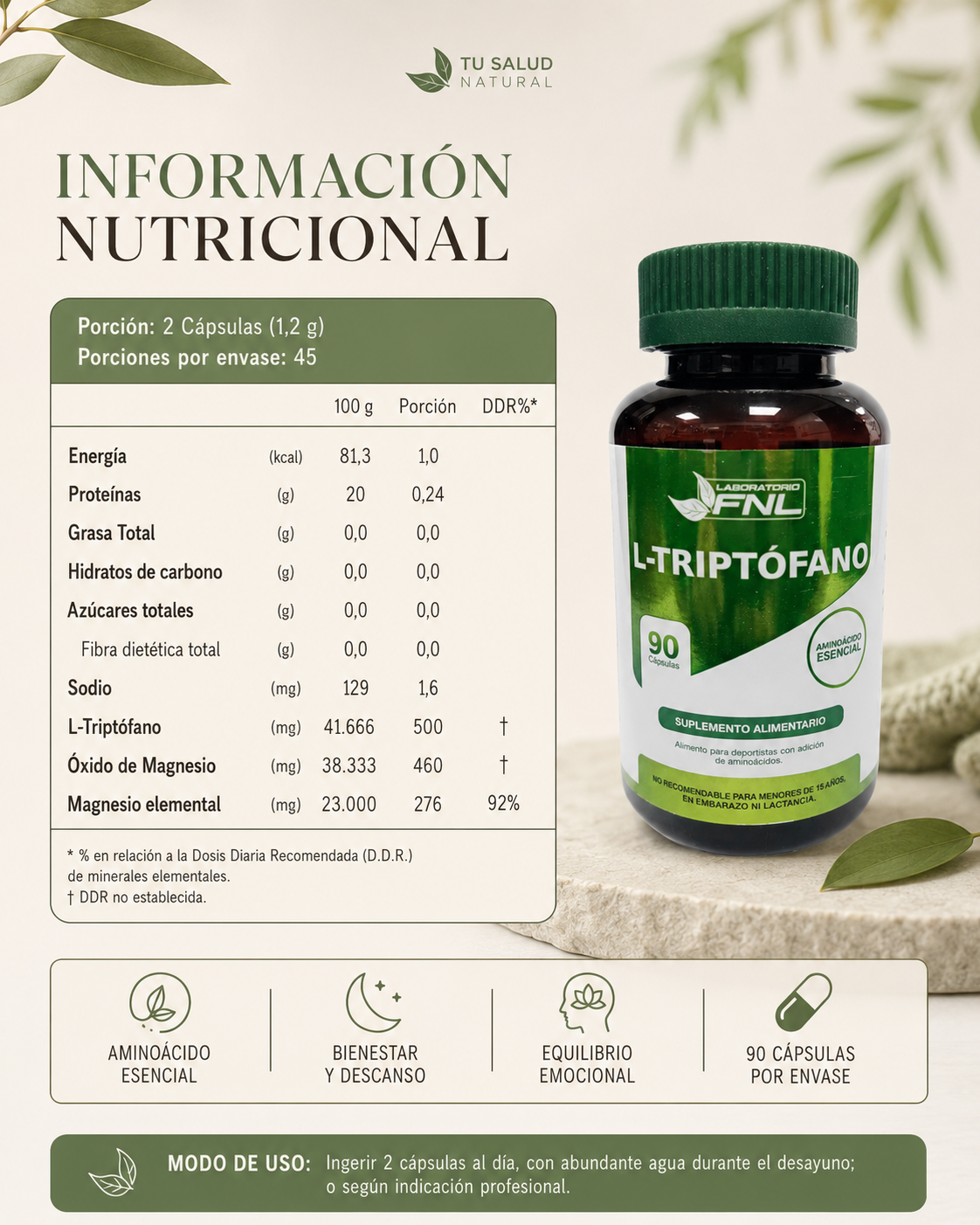 L-Triptófano FNL 500 mg + Magnesio | 90 Cápsulas